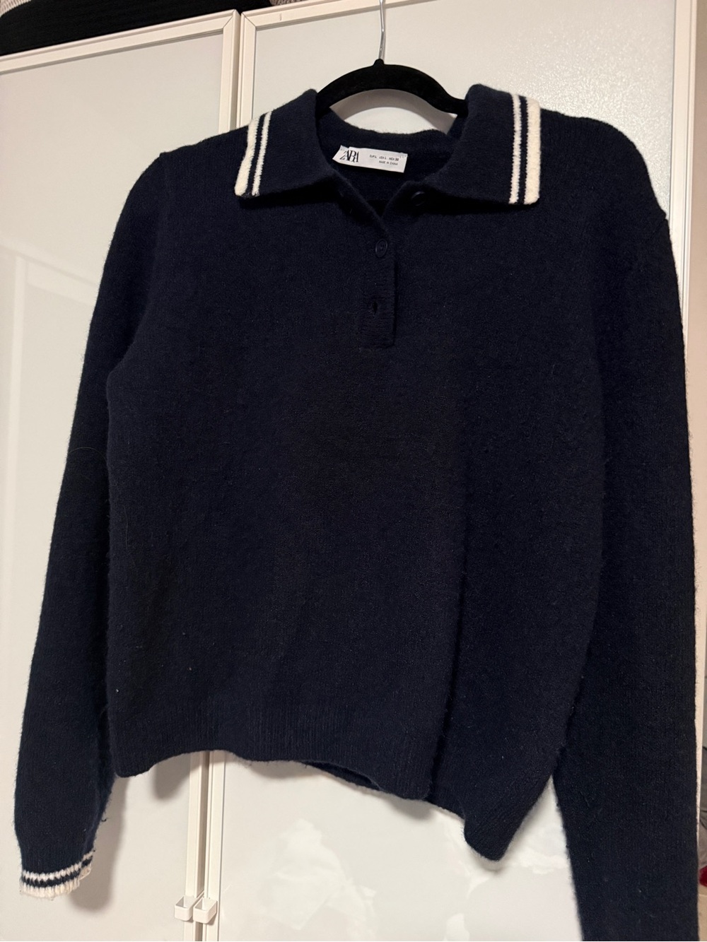 Zara Navy V-Neck Polo Sweater with White Stripe Trim